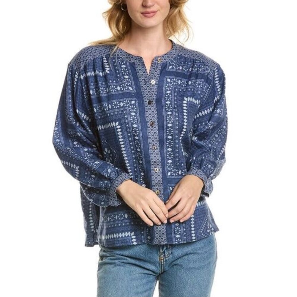 Johnny Was Patched Ikat Shirred Yoke Blouse Size XS Like New